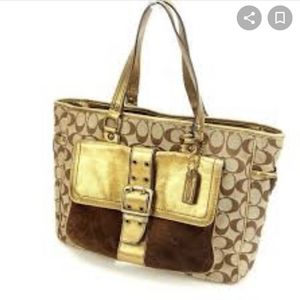 Classic Coach brown logo tote bag w/bronze hardwar